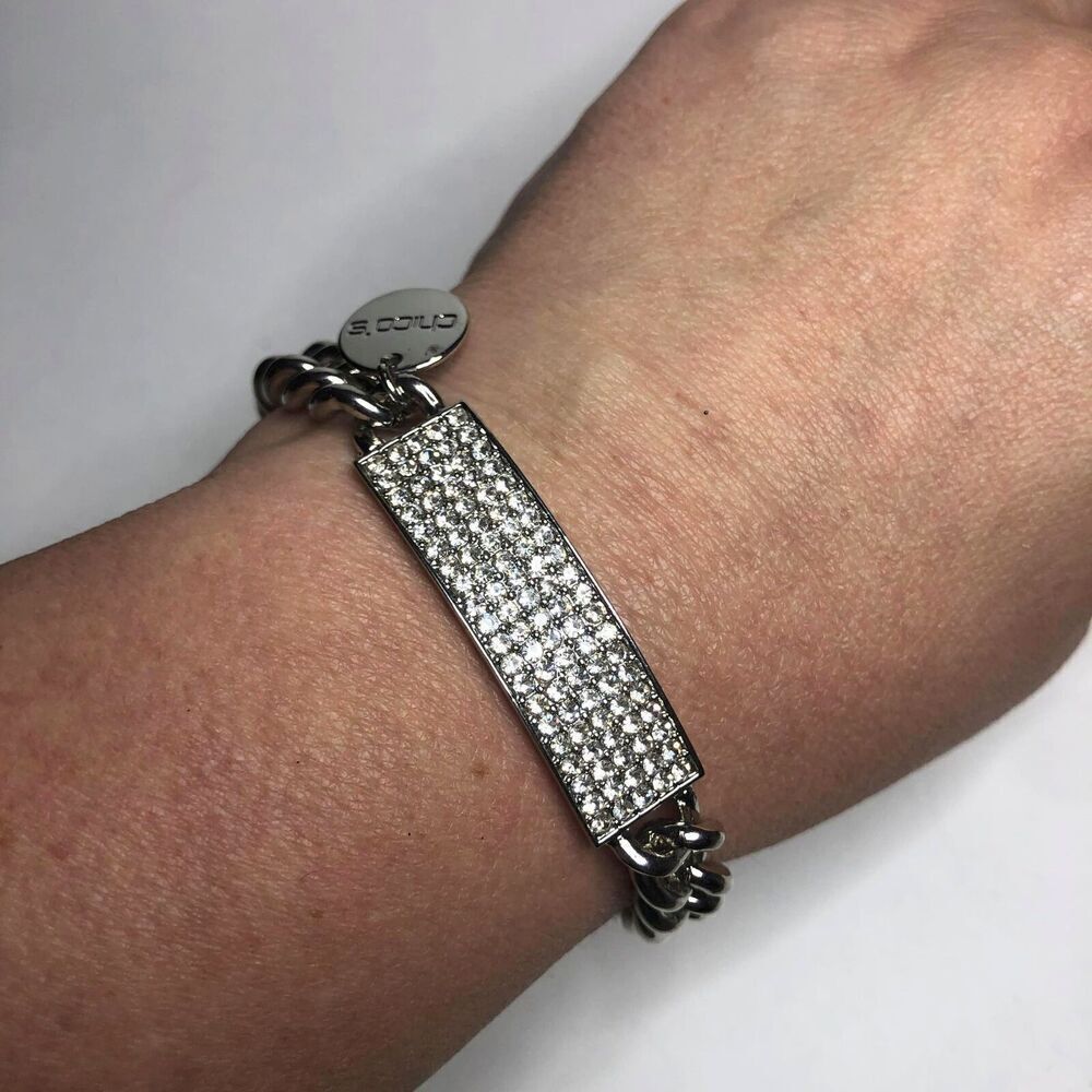 1730 Chico's silver tone ID Pave CZ chunky chain toggle bracelet 7.5-7.8"